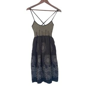 Max Studio Sunflower Print Women Sundress S Black Gold Metallic Smocked Boho